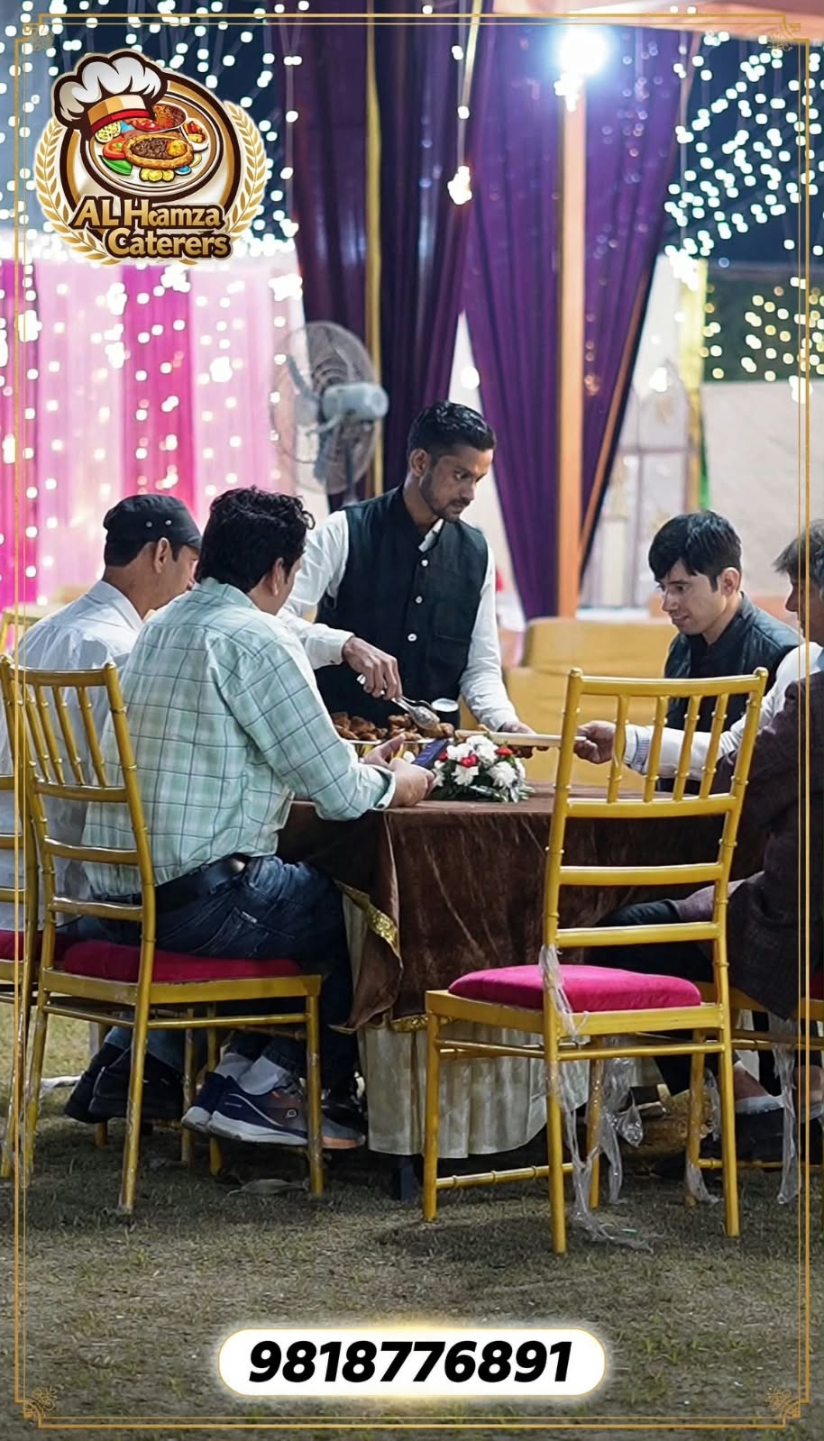 Al-Hamza Caterers staff serving guests at a decorated event dinner